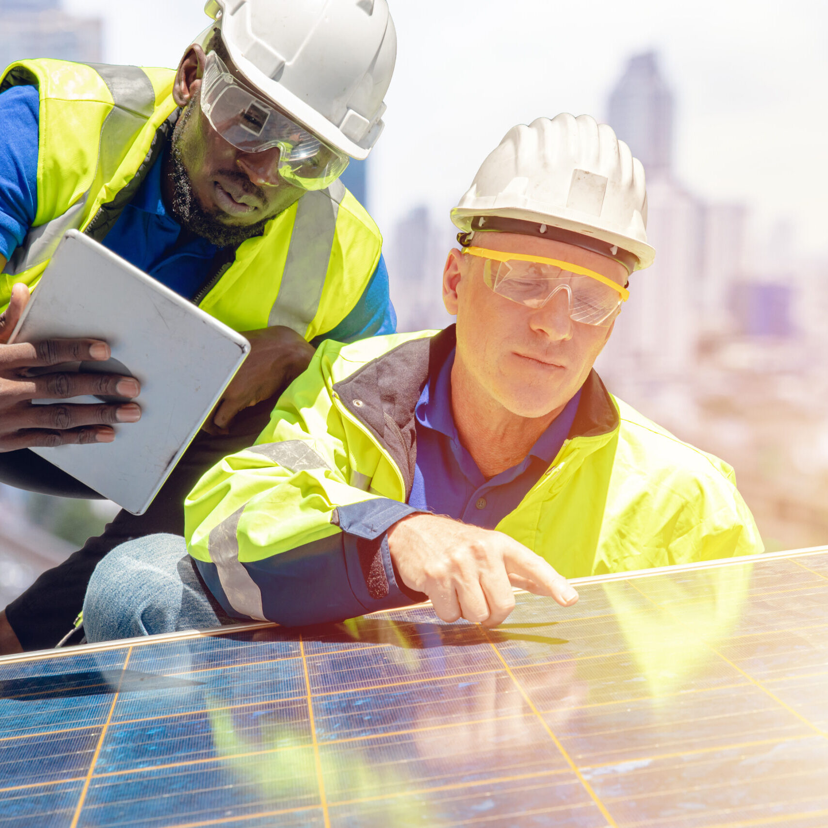 a couple of men standing on top of a solar panel